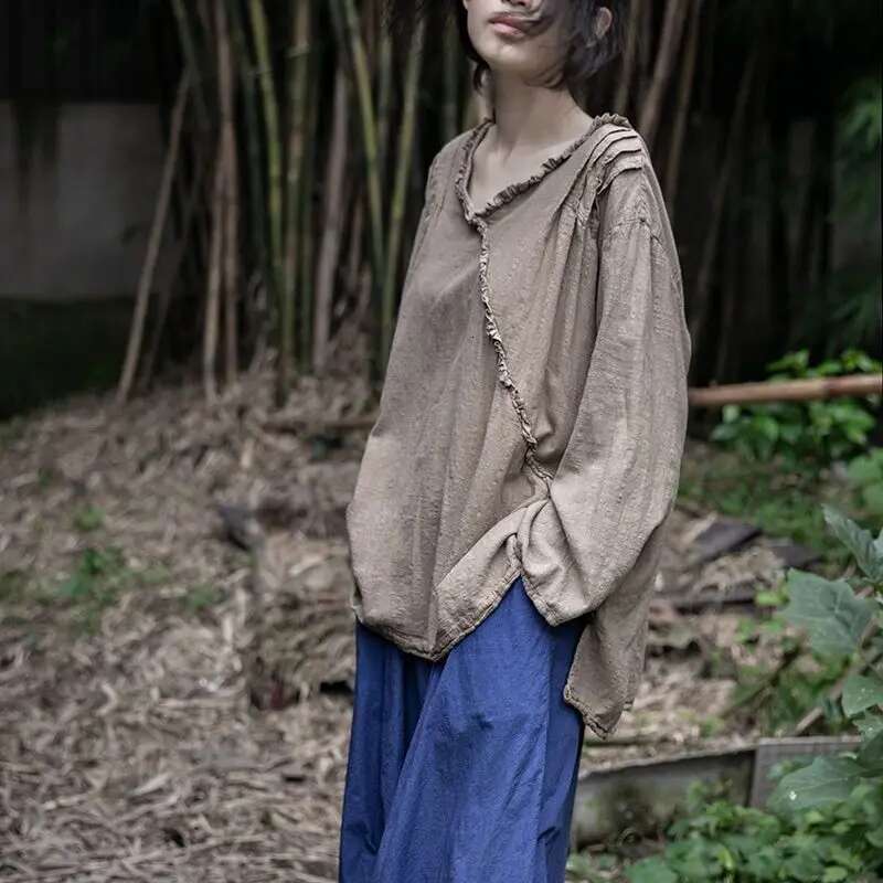 UMI MAO Cotton Hemp T-Shirt Spring Autumn Vintage Design Organ Fold Hoodie Loose And Slim V-Neck Lace Top Femme Y2k