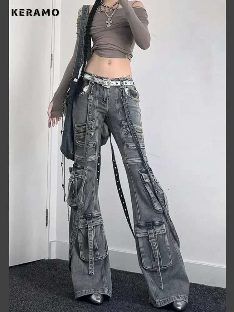 Women's Y2k Slim Fit Lace-Up Denim Trouser Washed Vintage Classic Emo Casual Pants Grunge Street Retro High Waist Pockets Jeans
