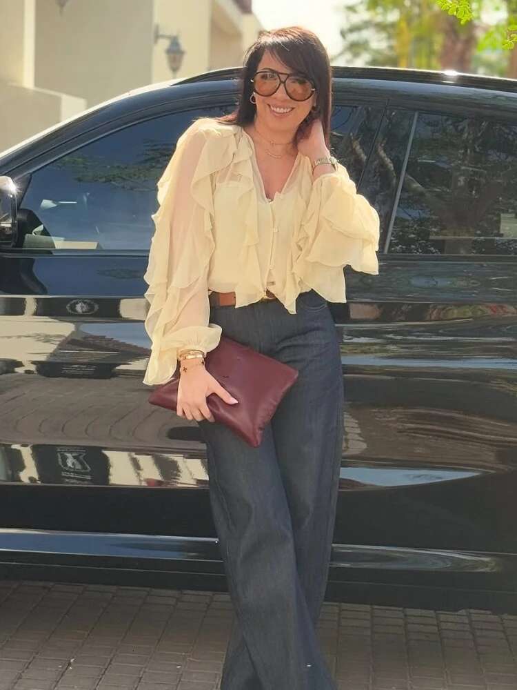 Spring Bury Layer Ruffles Shirts For Woman Casual V Neck Full Sleeve Loose Blouse New Female High Street Office Outfits 2025