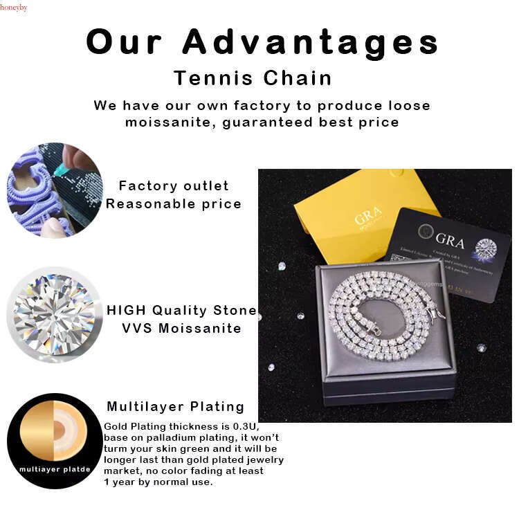 Wuzhou Factory Price Hip Hop Necklace S Sier with GRA VVS Cuban k 2mm - 6.5mm Moissanite Tennis Chain Jewelry