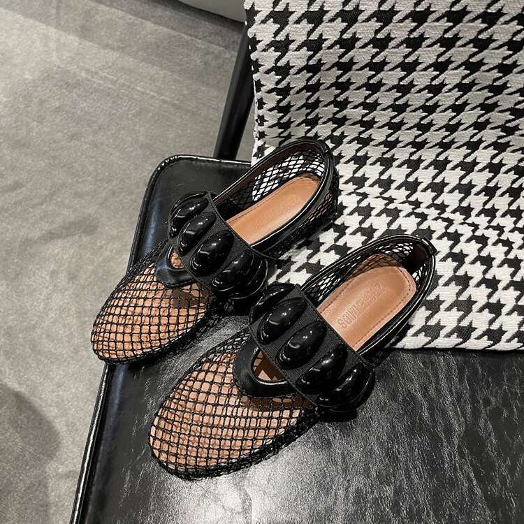 Sheepskin Edition~Spring/Summer New Flat Ballet Mesh One Word Metal Buckle Hollow Mary Jane Single Shoes