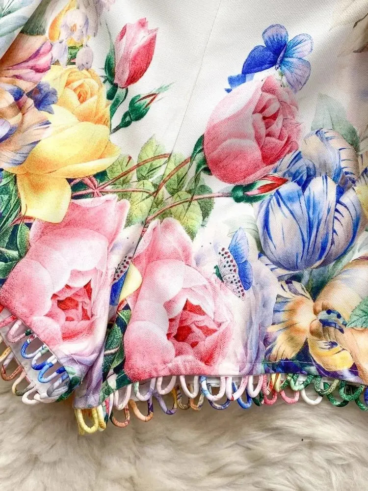 Summer Holiday Tulip Floral 2 Pieces Set Womens Linen Stand Lantern Sleeve Belt Shirt Top Flower Print Wide Leg Shorts Suits 250304