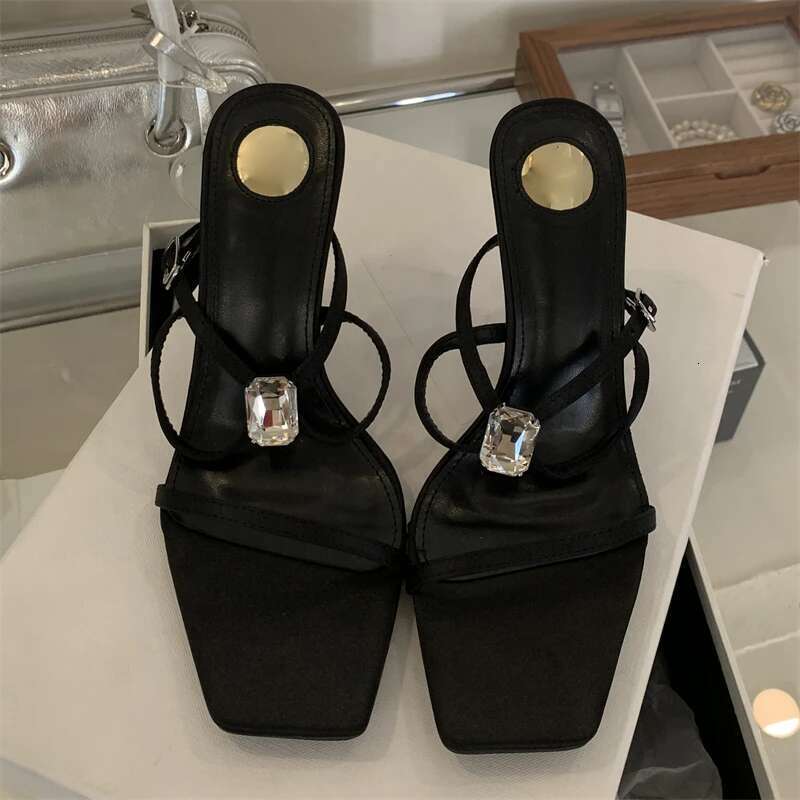 Sexy Crystal Eilyken Dia Square Toe Buckle Strap Women Sandals Street Style Thin High Heels Stripper Party Shoes