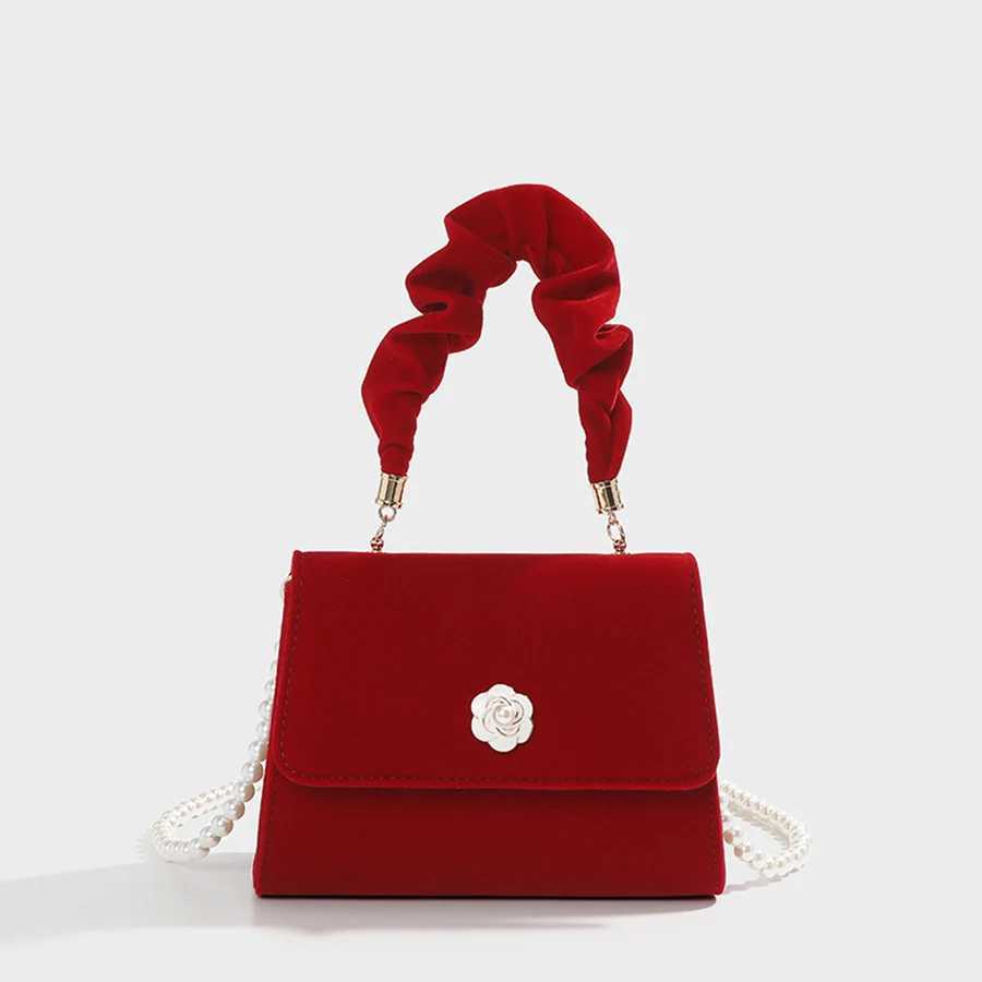 Velvet red handbag wedding party dinner bag pleated handmade pearl chain lingerie bag red bridal cross body bag Z250303