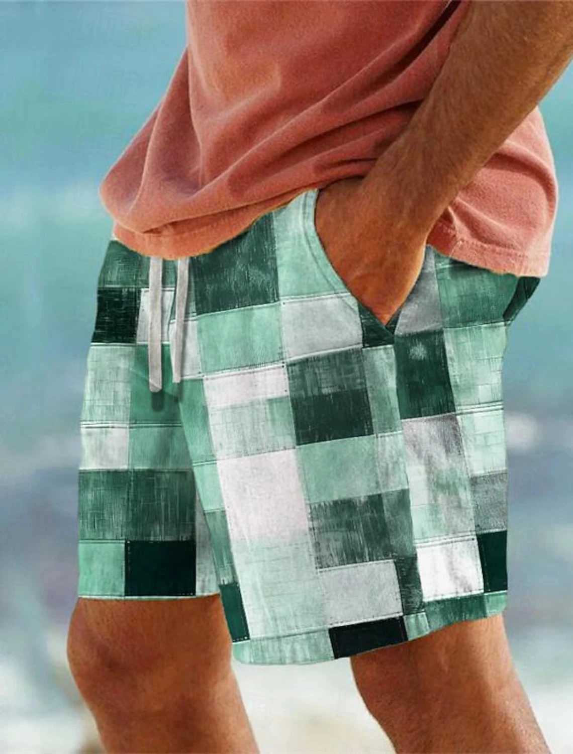 Mens Patchwork Plaid 3D Printed Beach Pants Summer Breathable Shorts Fitness Street Ropa HombreT250304