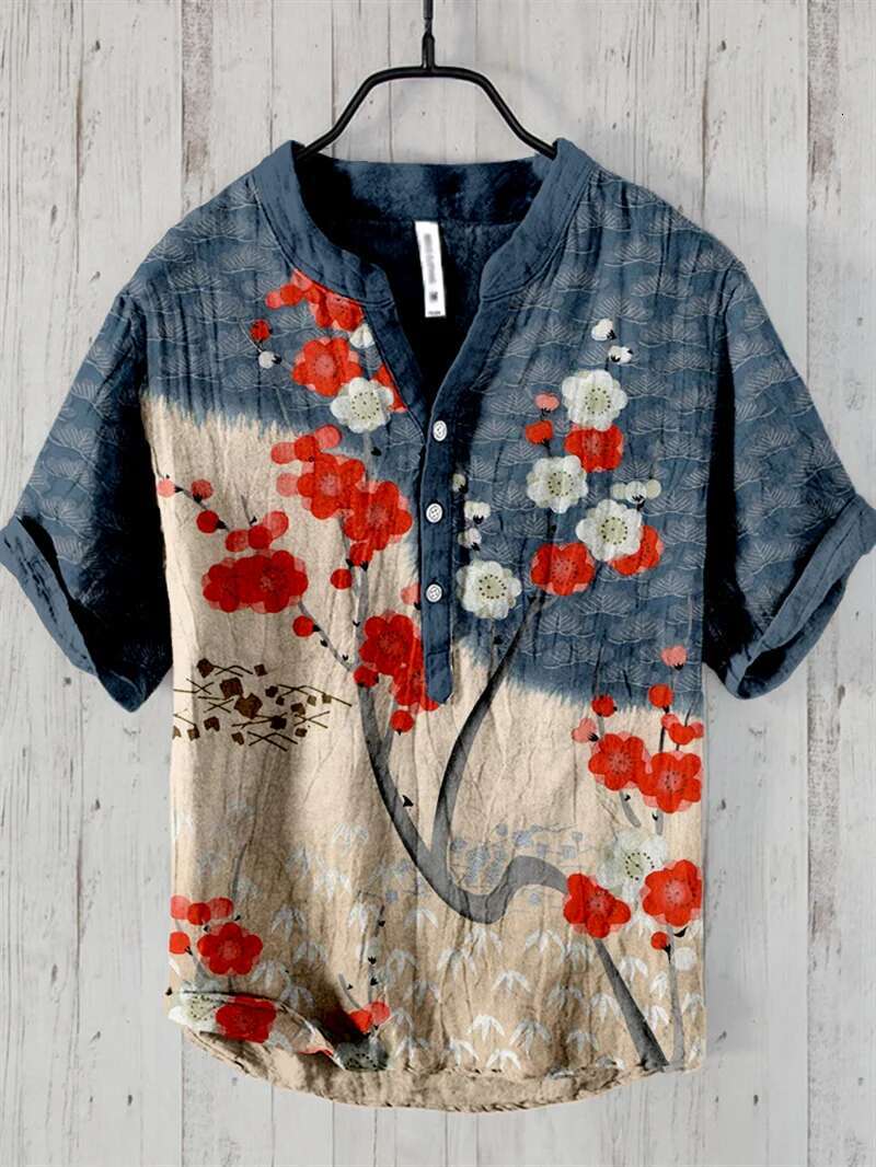 2025 Summer New Retro Style European And American Popular Designer Shirt Short Sleeved Fashionable Hawaiian Breathable Comfortable Shirt Button V-neck