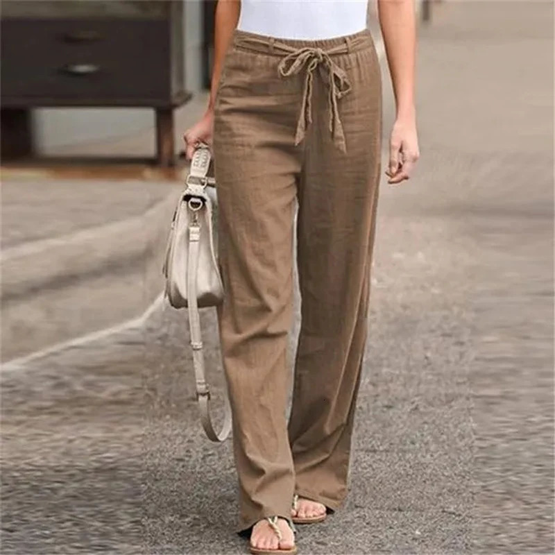 Women Solid Long Pants Women Casual Loose Cotton Linen Lace Up Elastic Waist Wide Leg Trousers Ladies Streetwear Straight Pants 250303
