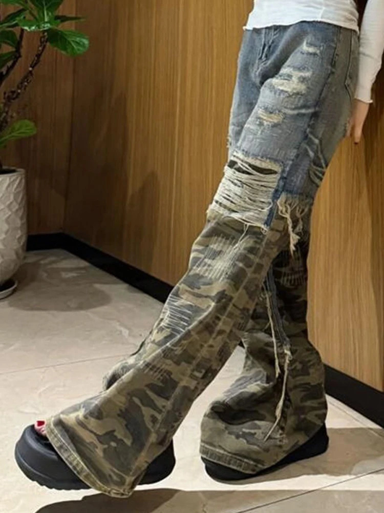Women Gyaru Y2K Camouflage Patchwork Flare Low Rise Damage Denim Pants Hole Bell-Bottom Long Trousers Jeans Punk Trumpet Pants 250303