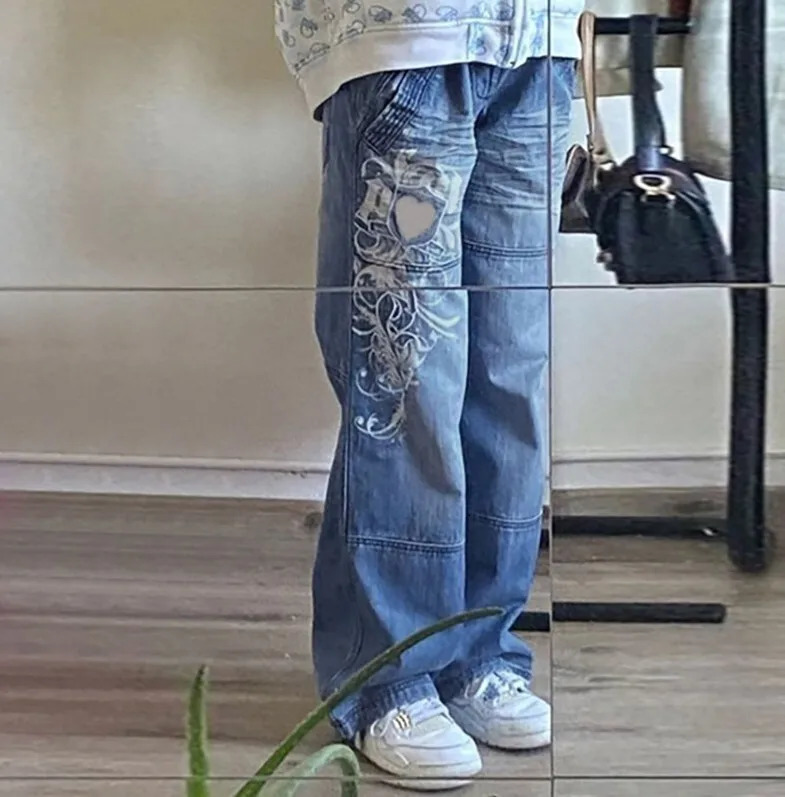 Retro womens irregular printed loose high waisted bag washed denim pants multi-color denim cargo pants Harajuku Y2k jeans 250228