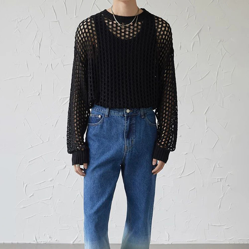 Mens Y2k Hollow Out Outfits See-Through Knit Shirts Summer Fashion All-Match Casual Geometric Vintage Loose Smock Tops 250304