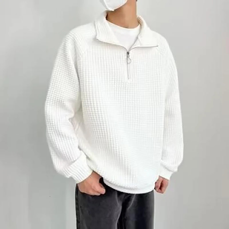 Waffle Plaid Long Sleeve Men Polo Half Zip Sweatshirts Fall Korean Fashion Harajuku Casual Loose Oversized Clothing Black White 250304