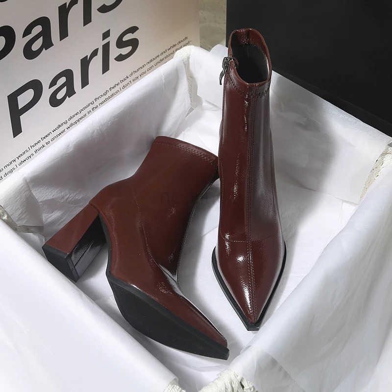 Winter Patent Leather Wen Ankle Boots Fion Pointed Toe Short Booties Square High H Party Pumps Shoes Z250304