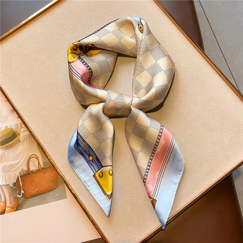 70x70cm Simple Geometric Printing ral imitate Silk Scarf Headband for Women Girls Fashion Long Handle Bag Scarves P Shoulder Tote Lage Ribbon Head Wraps