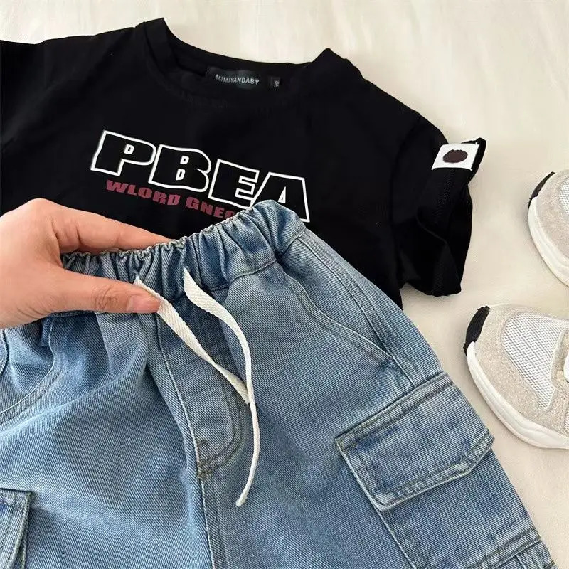 Boys Girls Denim Shorts Summer Elastic Waist Drawstring Solid Color Pocket Cargo Jeans Baby Casual 250303
