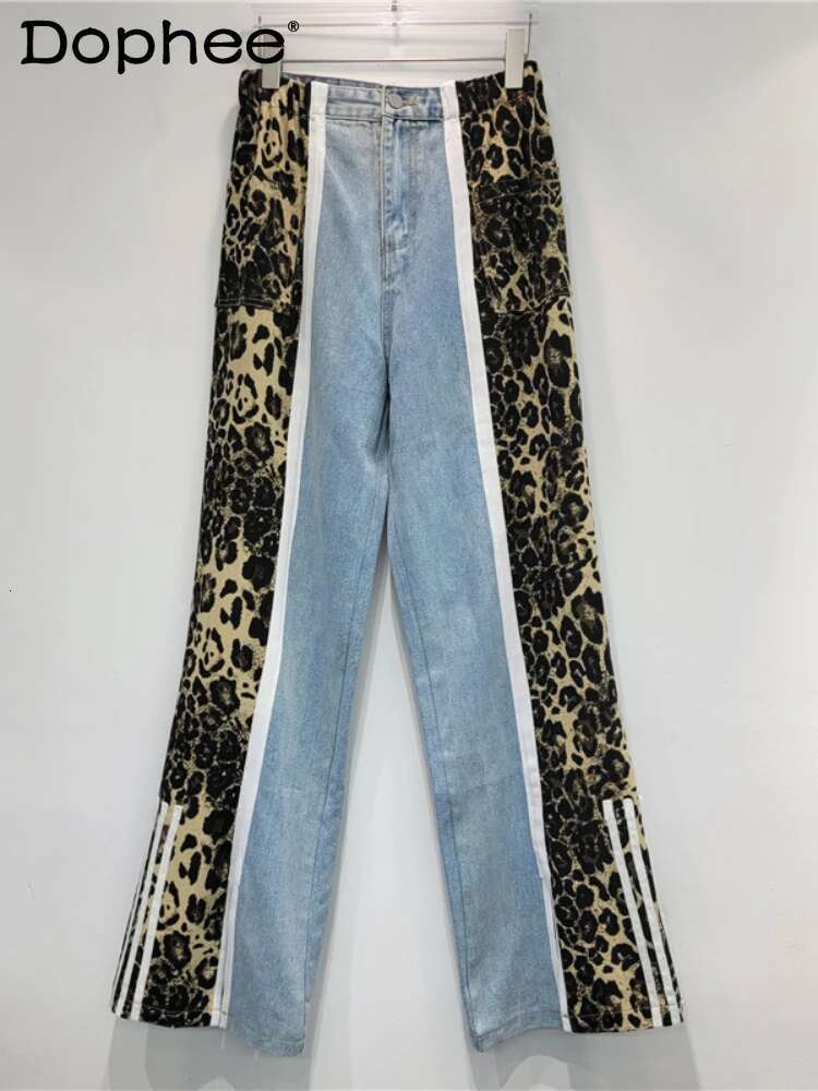 Street Hipster Ing Leopard Print For Women 2024 Autumn New Split Straight Trousers American Style High Waisted Jeans