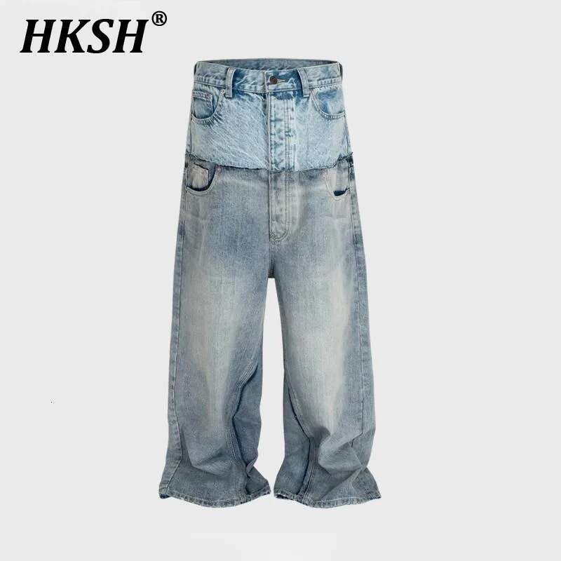 HKSH Spring Autumn New Men's Tide Punk Ripped Denim Pants Women's Spliced Double Layer Waist Baggy Jeans Streetwear Chic Hk3747