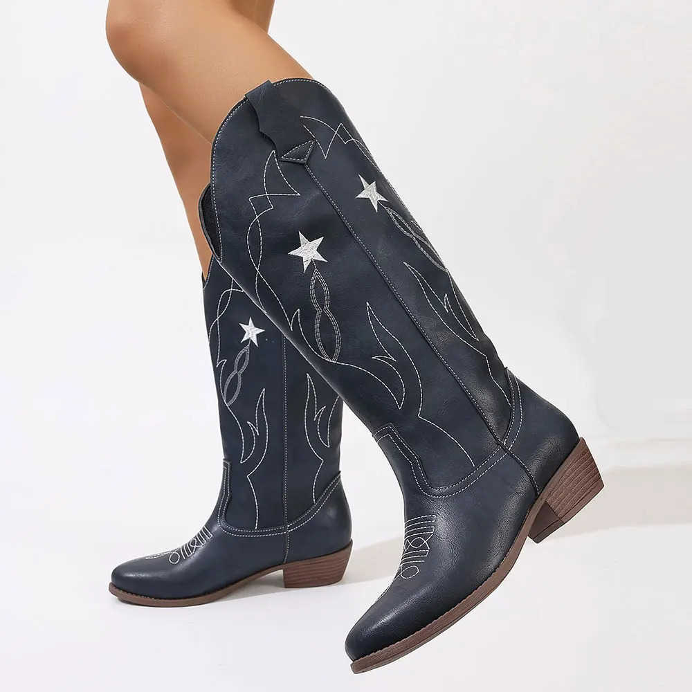 Brand New Plus size 42 Block H Vintage Black Cowboy Boots Wen with stars Country Concert Mid-calf Wern Boots Shoes Z250304