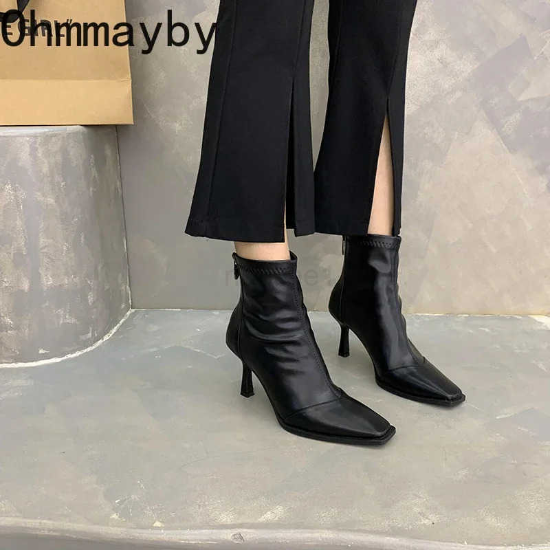 High Heel Wen Streh Slim Ankle Boots Fion Elegant Square Toe Short Booties Autumn Winter Laides Warm Fleeces Shoes Z250304