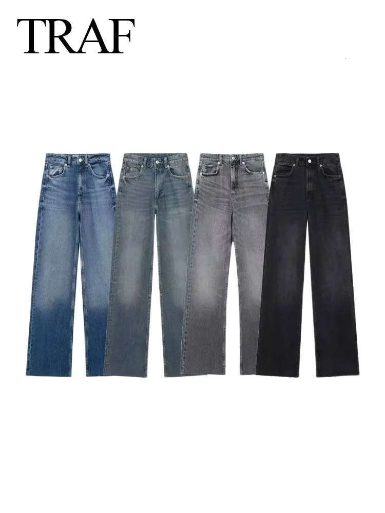 TRAF 2024 Women's Street Trendy Denim Deconstructed Trousers Embellished Mid-Waist Wide Leg Pockets Versatile Jeans