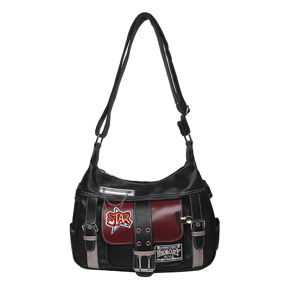 Ship from US Womens PU Leather Punk Shoulder Bag Y2K Horizontal Zipper Handbag with Adjustable Stray 250304FBB