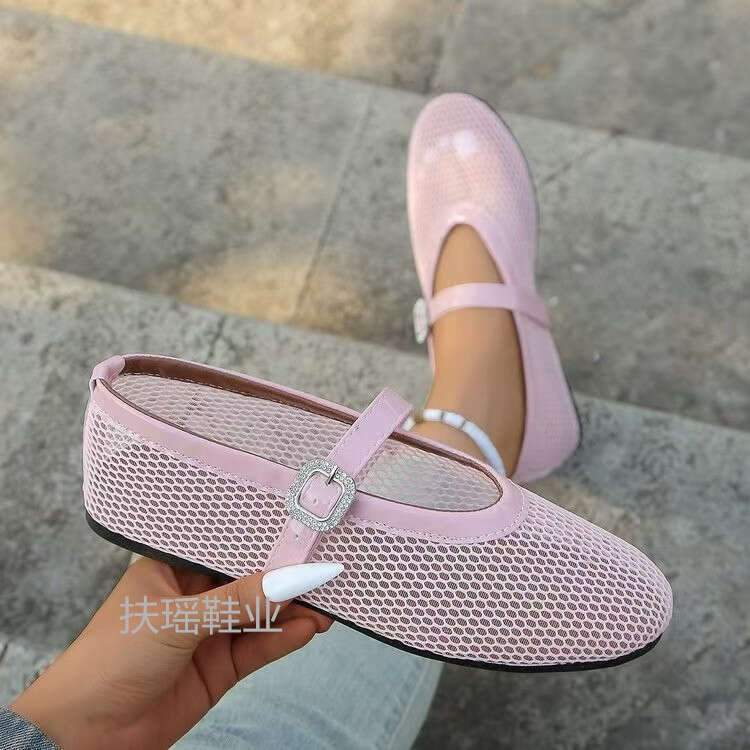 Large size rhinestone buckle hollow ballet flat bottom fashion spring and autumn summer round toe single shoe