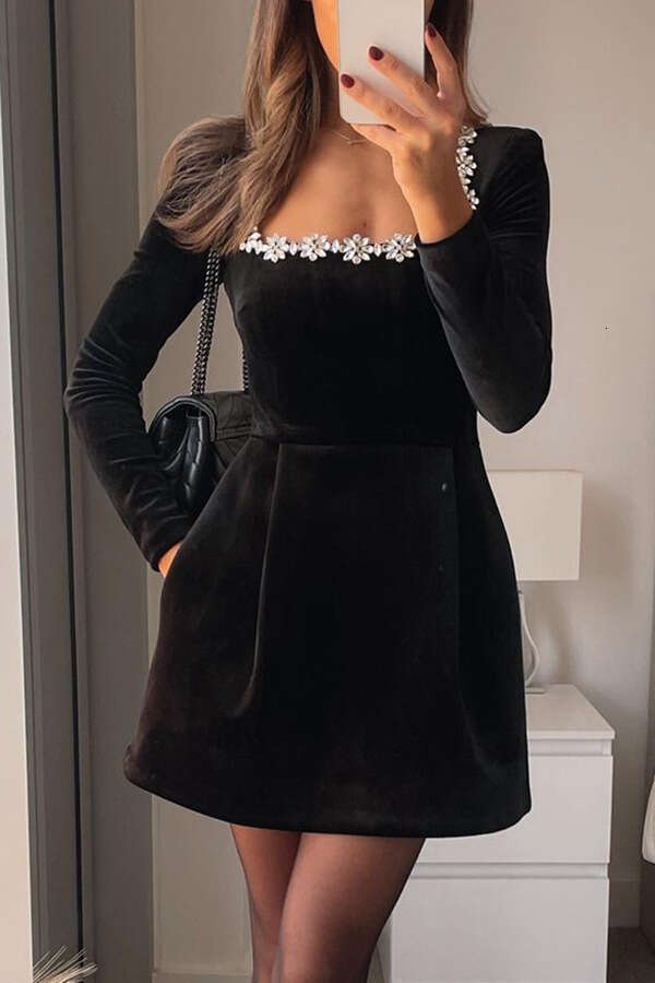 European and American Spring Women's Elegant Square Neck Dia Set Short Veet Dress 2025 New Casual Fashion Trendy Clothing