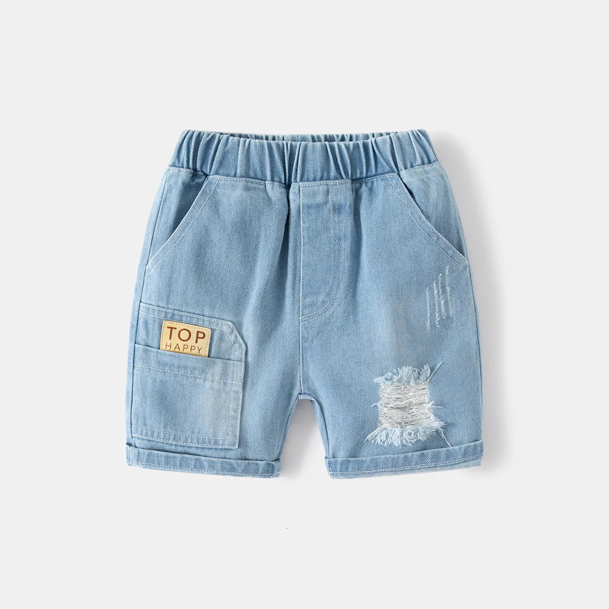Summer Boys Fashionable Ripped Jeans Children Casual Letter Shorts 28Years Kids Elastic Waistband Denim 250303