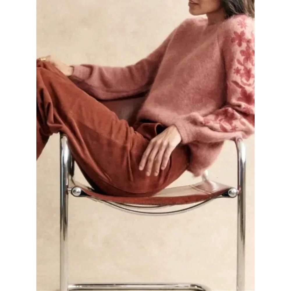 Ral Embroidery Women Puff Sleeve Sweater Soft Fashion Top Female O-Neck Jumper Fall Winter 2025