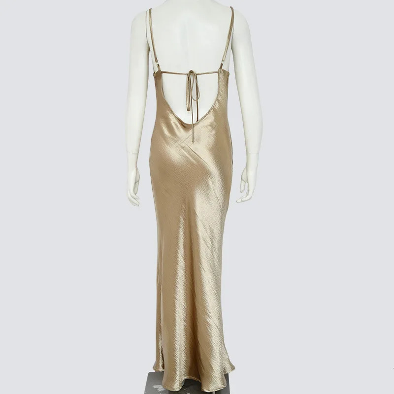 Sexy Spaghetti Strap Backless Summer Women Gold Satin Lace Up Long Dress Elegant Bodycon Party Club Dresses 250303 C260311
