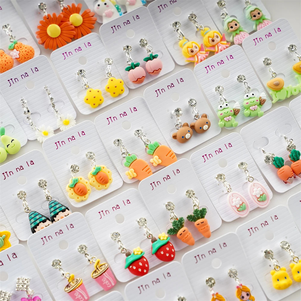50 pairs/batch of cute cartoon animal earrings with fruit clips for children girls gifts jewelry mixed style no perforations wholesale 250304