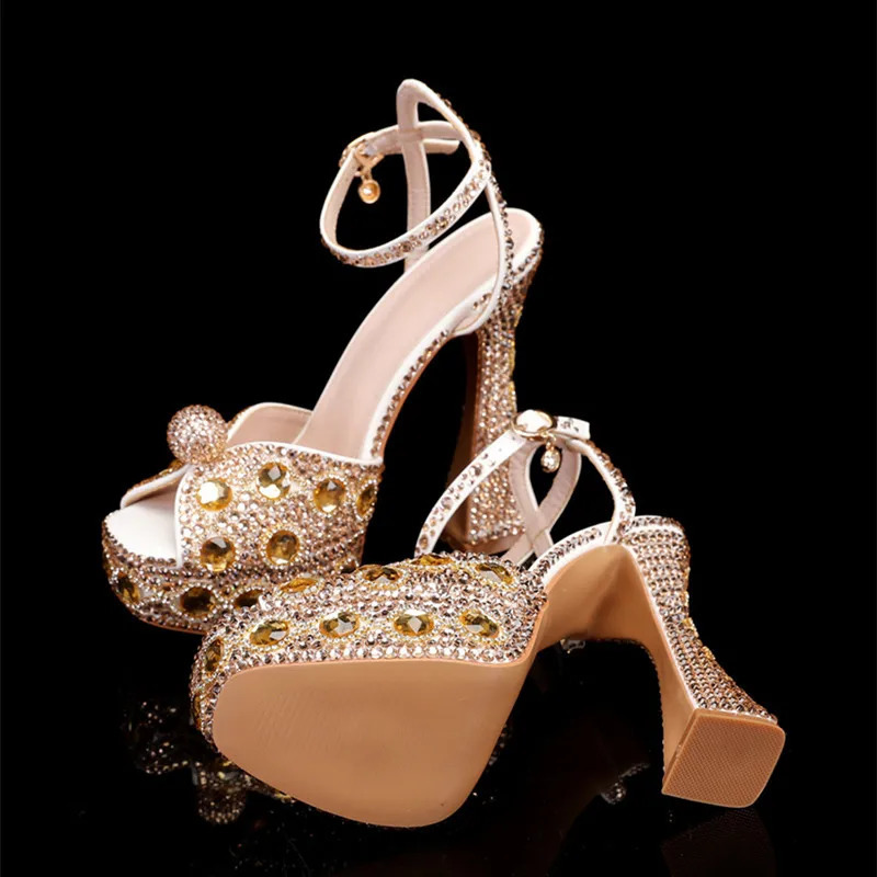 Handmade Full Rhinestones Peep toe Women Sandals Fashion Crystal Platform Wedges High heels Summer Wedding Sandals Shoes 250228