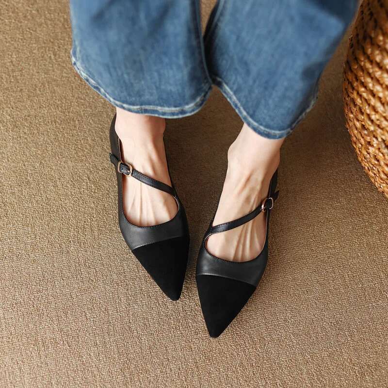 Retro pointed single women's splicing design light mouth versatile brown ladyshoes French one-word buckle with flat shoes