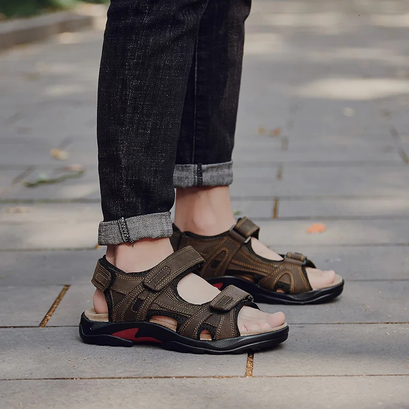 COW LEATHER Mens Sandals Outdoor Beach Sports Shoes Genuine Leather Roman Sandals Lightweight Open Toe Sandals Plus Size 38-48 250303