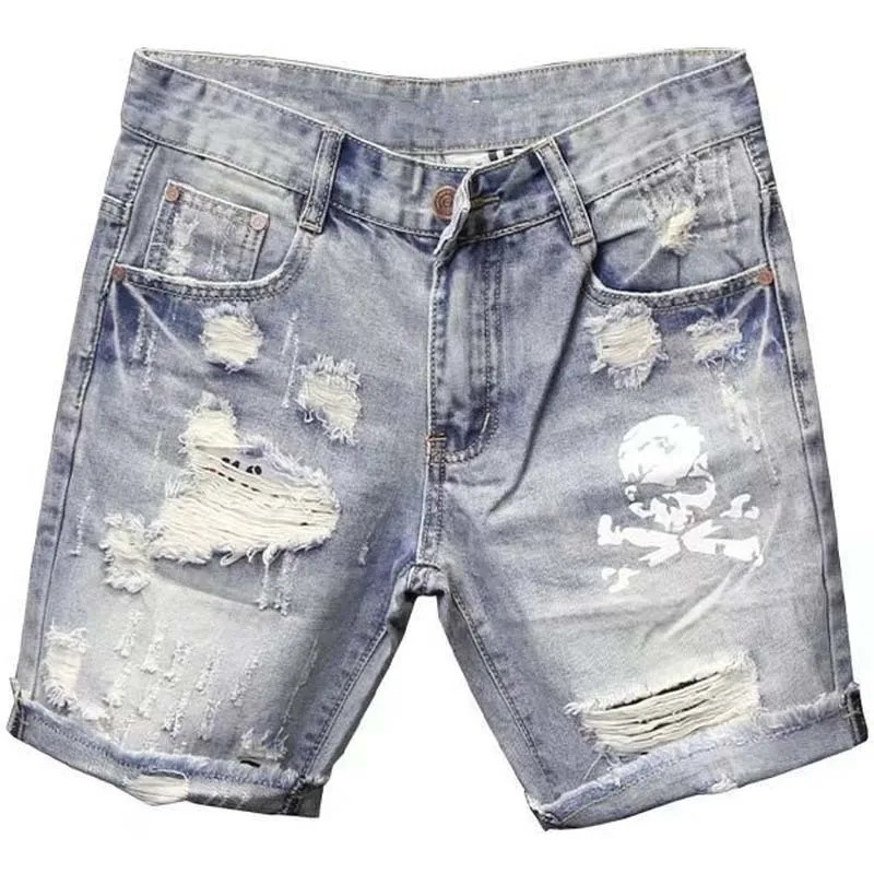 Summer Mens Worn Bead Hole Beggar Stretch Ripped Short Jeans Men Streetwear Korean Fashion Slim Fit Denim Shorts 250304