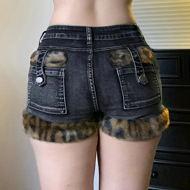 SUCHCUTE Leopard Print Fur Patchwork Shorts Jeans Women Low Waisted Button Up Mini Shorts Fashion Vintage Y2k Clothing 2025 250303