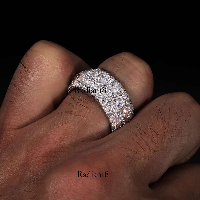 VVS1 3 Row 11mm Width Moissanite In S Sier Ring Hip Hop Jewelry Pave Setting With Certificate Fine Jewlery Gift