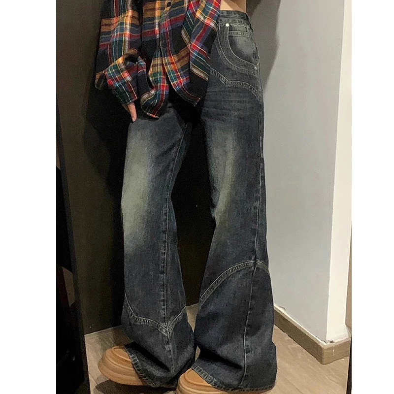 Y2K Spicy Girl Dark Series Wide Leg Jeans High Street Splicing Loose Waist Slimming Flare Pants 250227