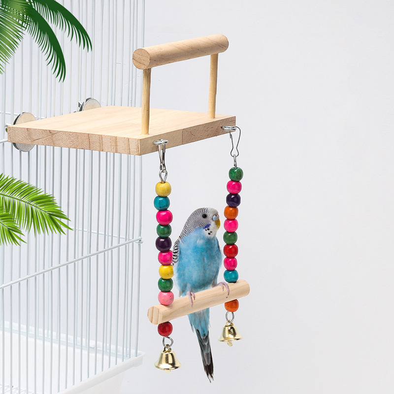 Pet Bird Swing Toy Wooden Parrot Perch Stand Playstand with Chewing Beads Cage Playground for Budgie Birds