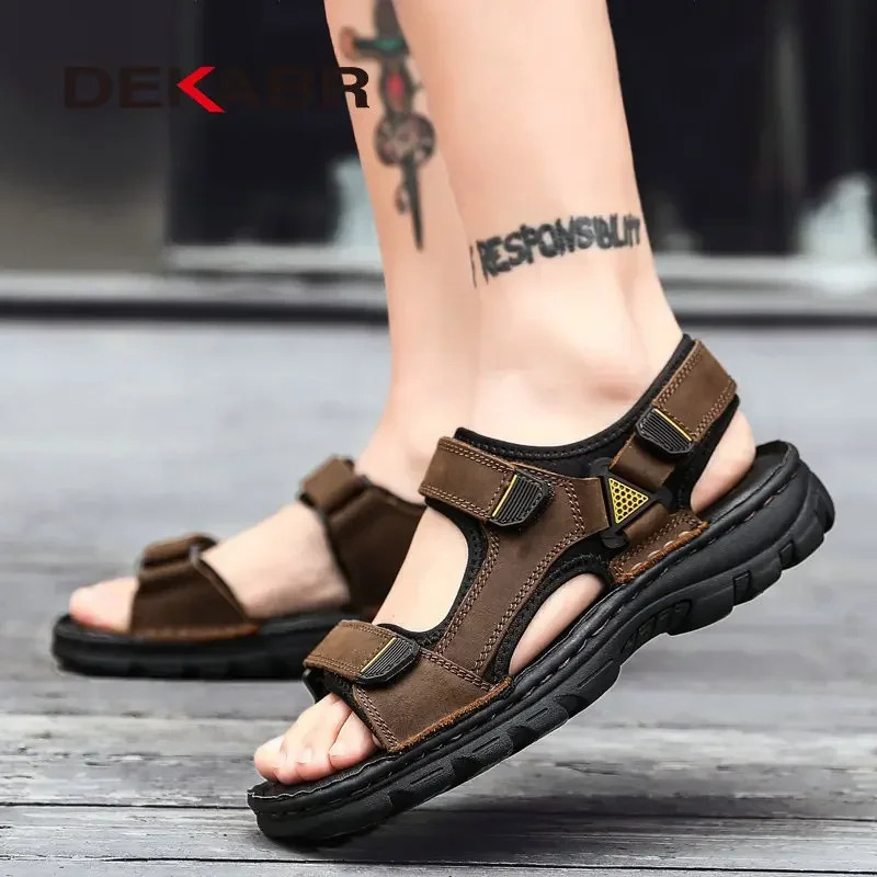 DEKABR Men Genuine Leather Sandals Summer Beach Breathable Fisherman Shoes Slipper Style Soft Bottom Flat Shoes Plus Size 38~48 250303
