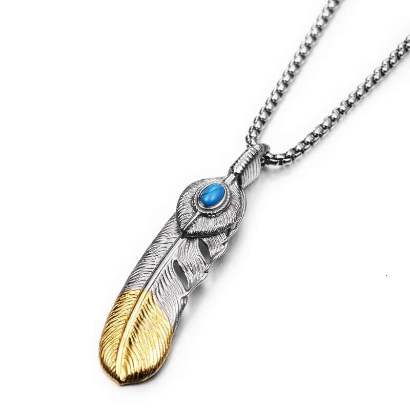 Hiphop Bar Hip Hop Trendy Accessories Pine Stone Room Gold Feather Necklace Men's and Women's Titanium Steel Jewelry 3199