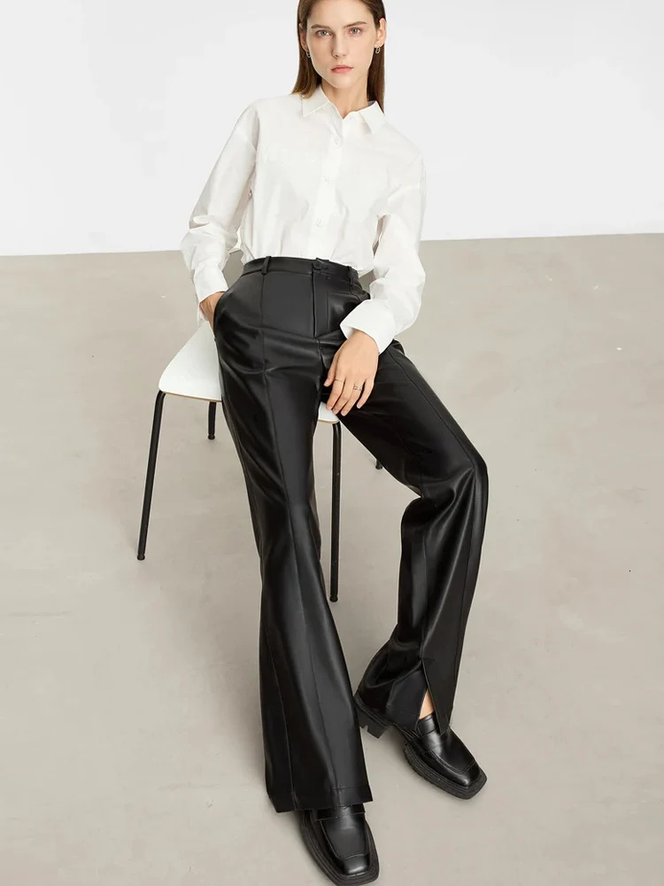 AMII Minimalist PU Leather Casual Pants for Women Autumn Loose Floor Length Straight Slit Female Trousers 12343250 250303