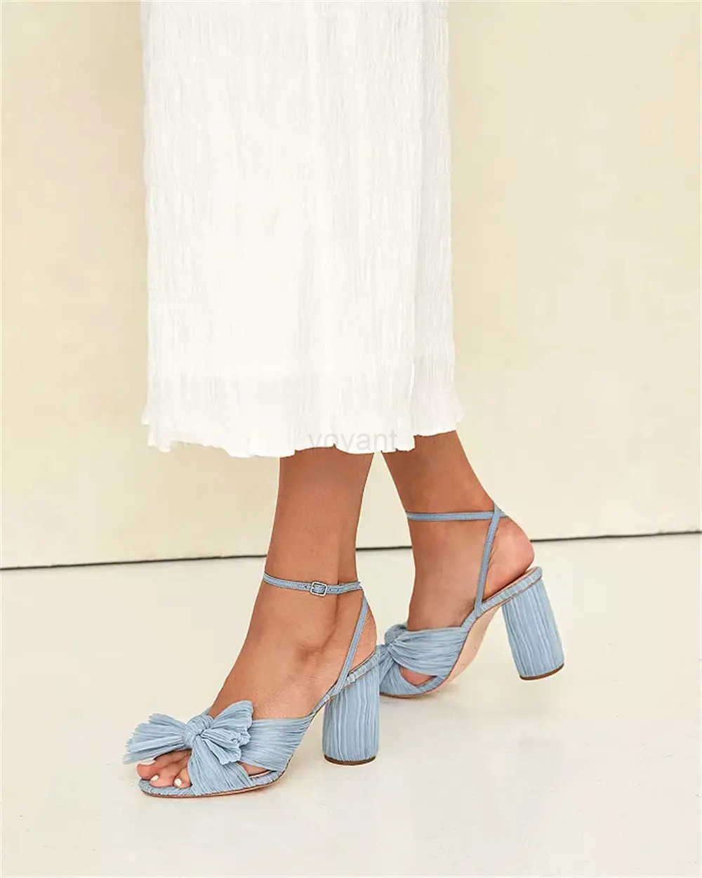 2025 Wens Block Heel Wedding Shoes for Brides Who Value Cfort And Style Pleated Bow Knot White Blue Party Sandals Big Size Z250304