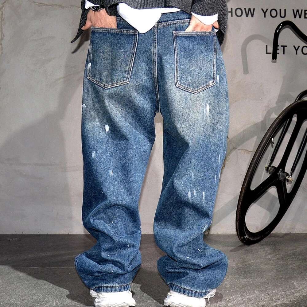 Winter Fleece Thick Baggy Jeans For Men Streetwear Spray Paint Trend Warm Denim Pants Fashion Hip Hop Skateboard Trousers Male