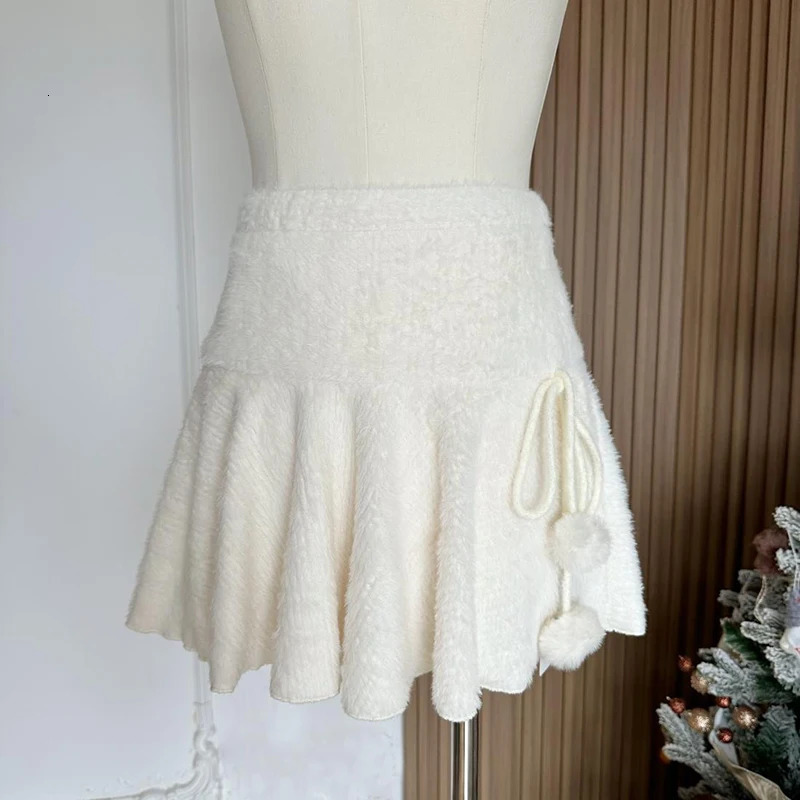 MEXZT Kawaii White Mini Skirts Women Preppy Cute High Waist Skirt Winter Japanese Streetwear Lace Up Chic Slim A Line Faldas 250304