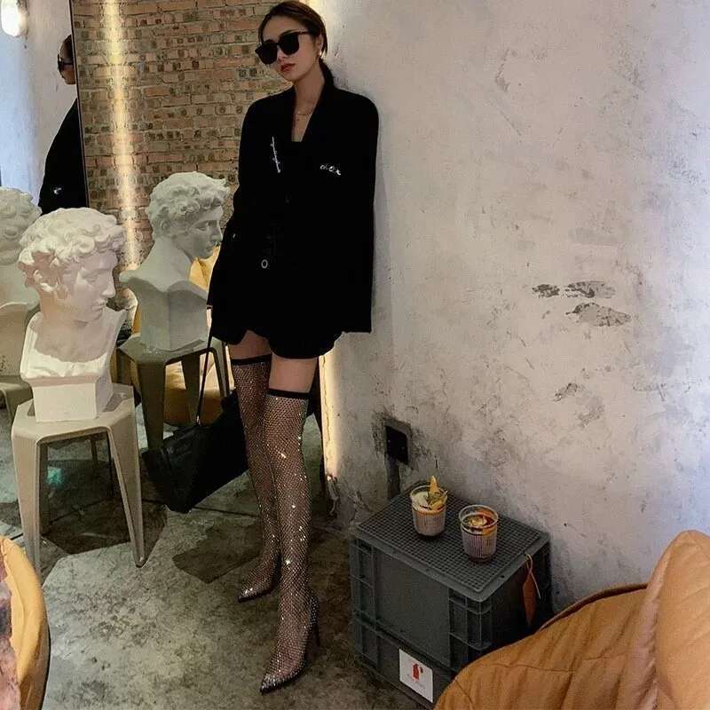 with Black Womens High Slim Heels Pointed Toes Rhies Zippers Summer Outdoor Mesh fashionable Cool Boots