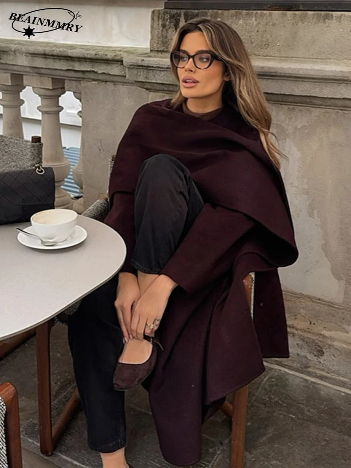 Fashion Burgundy Long Sleeve Scarf Collar Women Overcoat Elegant Solid Lace Up Loose Woolen Jacket 2024 Lady Chic Streetwear 250225