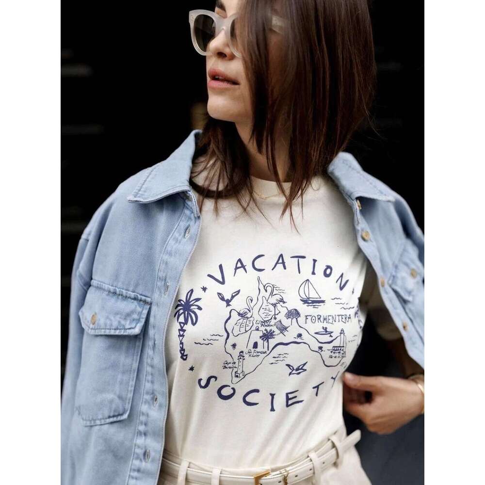 Map Bird Coconut Tree Letter Graphic Print Women T-Shirt Summer Short Sleeve Lady Pullover Casual Vintage Femme Top