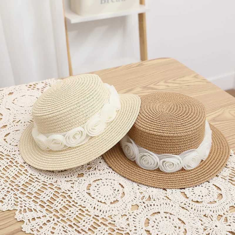 New Fashion Str Hat Parent-child Travel Beach Bucket Hat Rose Flower Lace Beach Sun Cs Women Girls Panama Kids Party HatXJ250304