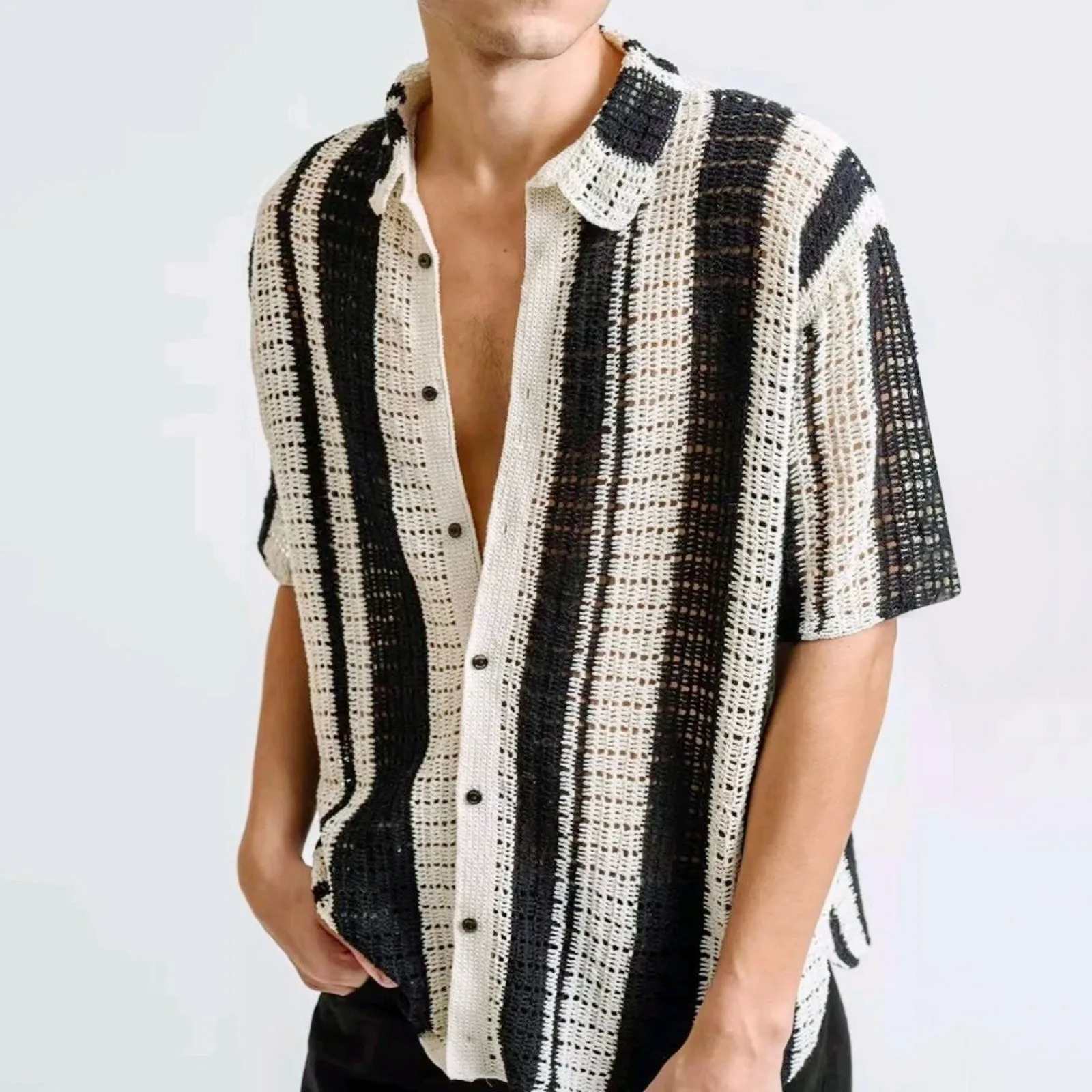 MenS Striped Handsome Shirt Hollowed Out Collar Sexy Fashionable Vacation Top Artistic Youth Clothing Mesh Long Sleeved Shirts 250304
