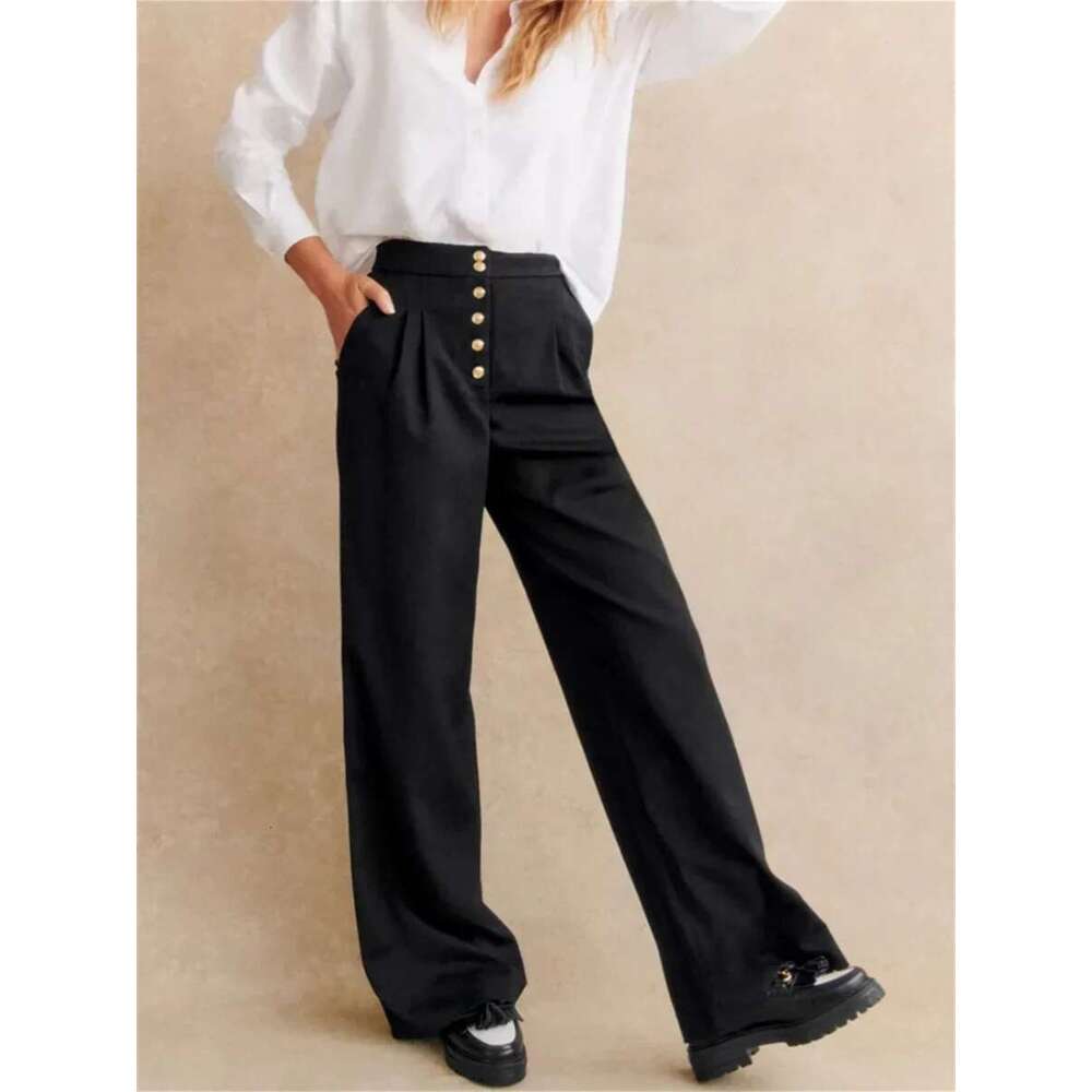 High Waist Long Pants Women Gold Single Breasted Casual 3 Colors Female Wide Leg Trousers 2025 Spring